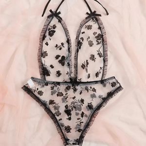 🦩Floral Print Mesh Teddy Bodysuit Blk3XL